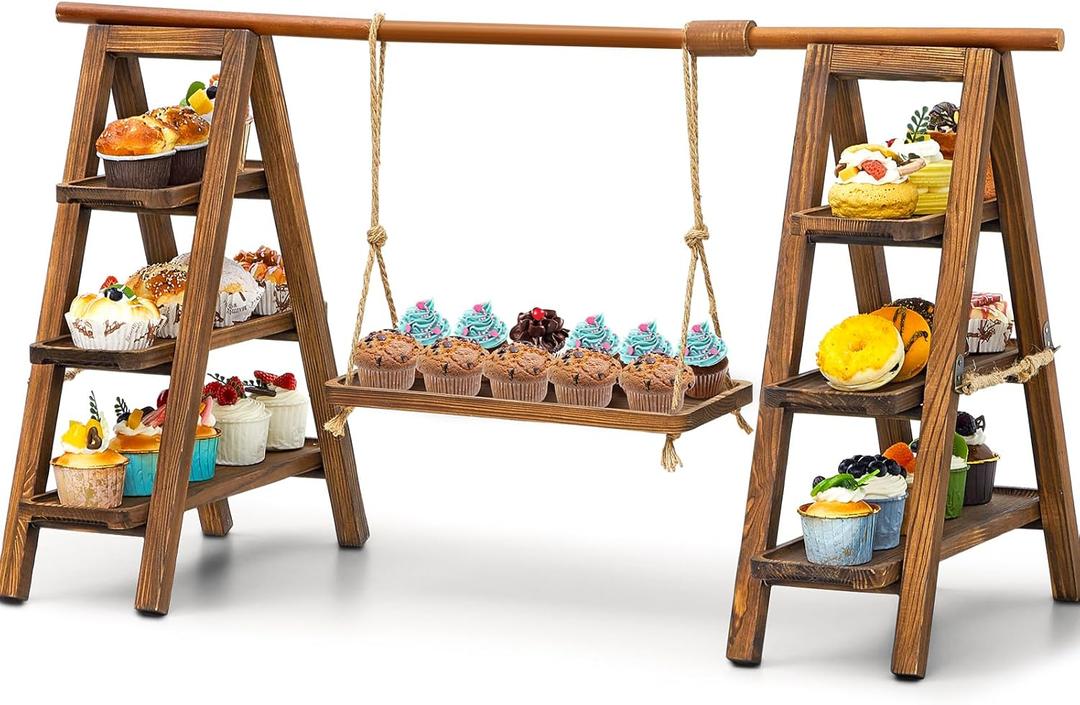 Wooden 3 Tier Swing Cupcake Stand with Serving Platter 20x30 Foldable Ladder Stand Dessert Display Cake Snack Fruit Bread Centerpieces for Party, Birthday, Wedding, Baby Shower(Dark Walnut)
