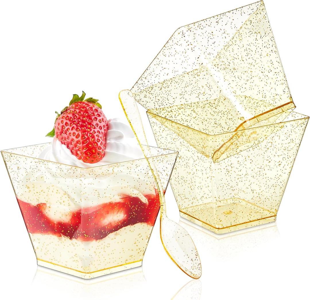 Qeirudu 3.5 oz Mini Gold Glitter Dessert Cups with Spoons - 50 Pack Gold Plastic Dessert Cups Small Parfait Shooter Cups for Party Appetizers Banana Pudding Jello