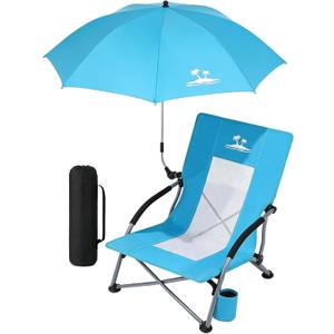 Folding Beach Chair with Umbrella, Low Profile Portable Sand Chair for Adults, Breathable Mesh Beach Seat with Cup Holder & Padded Armrests, Heavy Duty Lightweight Camping Chair, Ocean Blue