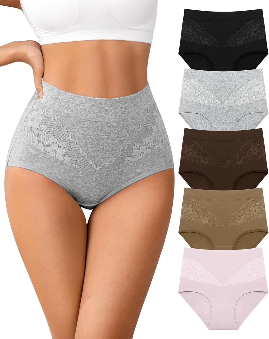 High Waisted Underwear for Womens Cotton Tagless Soft Ladies Panties Full Coverage Slight Tummy Control Briefs 5 Pack (Large)