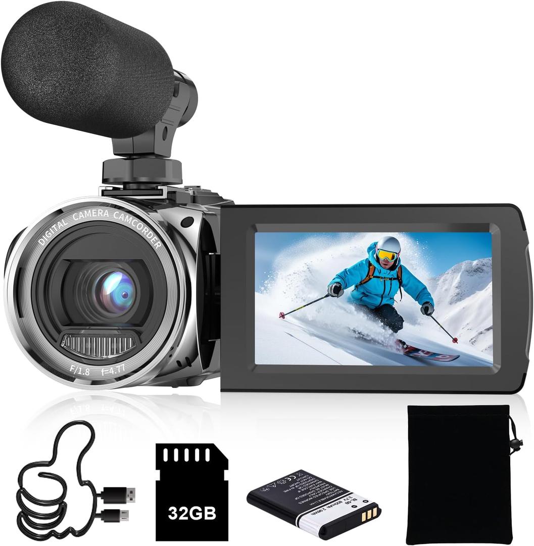 Video Camera, FHD 4K 48MP Recorder for YouTube, 32G SD Card Vlogging Camera for TikTok, 3" 270 Rotation Screen 18X Zoom Vlogging Camcorders, Gift for Kids,Teens,Students,Beginners,Elders