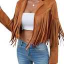Women's Faux Suede Leather Tassel Jackets With Lining Cropped Fringe Coats For Women 2025 Fall Fashion Must Haves (Tan), Small