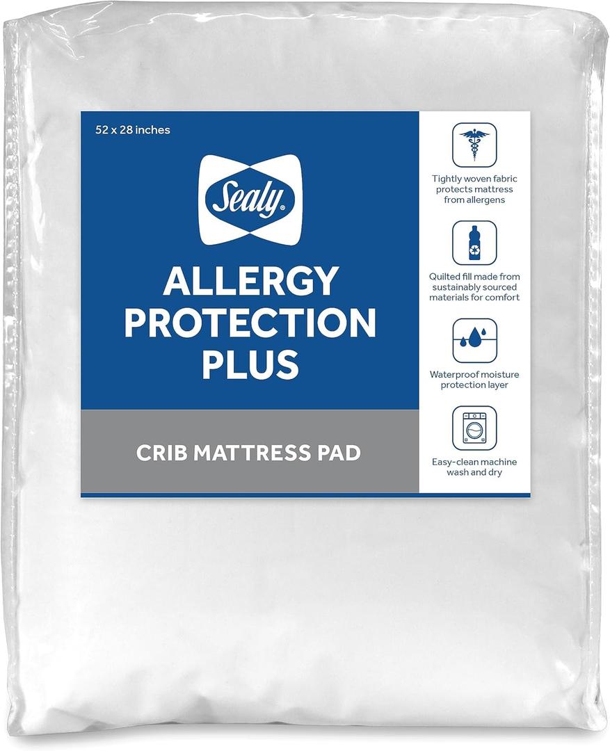 Sealy Baby Allergy Protection Plus Fitted Waterproof Infant Crib Mattress Protector Pad and Toddler Bed Cover, Durable & Comfortable Topper, Machine Washable and Dryer Friendly, 52 x 28- White (52x28 Inch (Pack of 1))