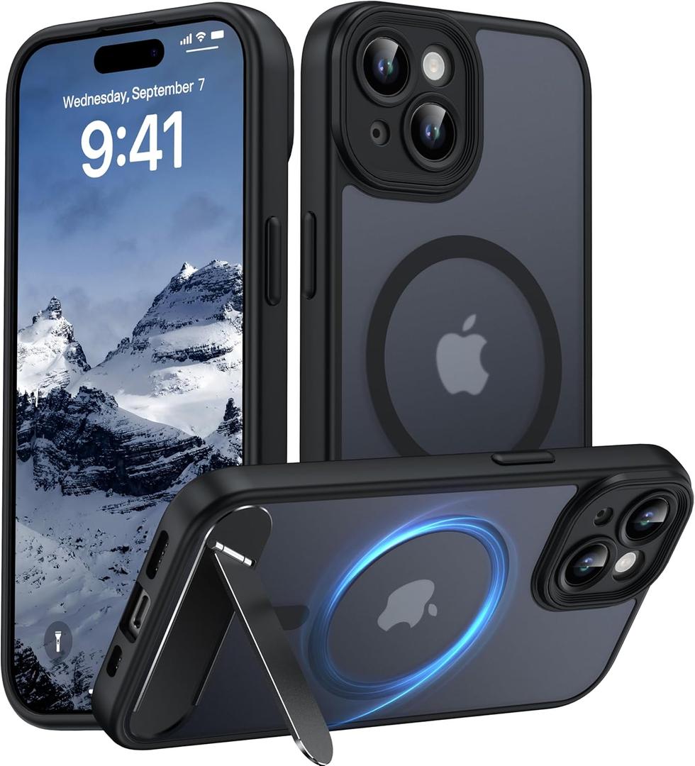 Magnetic Compatible with iPhone 15 Case, [Built-in Invisible Kickstand][Compatible with MagSafe][Full Camera Protection] Translucent Matte Phone Case for iPhone 15 6.1" Black
