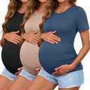Ficerd 3 Pack Women's Maternity T-Shirts, Short Sleeve Cotton Maternity Tops Comfy Crew Neck Side Ruched Pregnancy Clothes (Medium, Black, Haze Blue, Khaki)