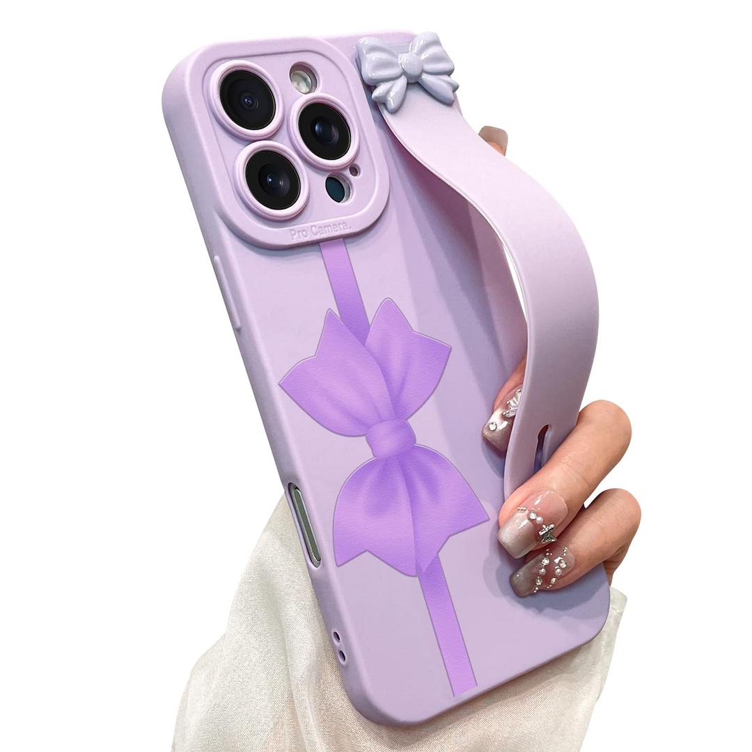 jueaes Cute Bow Case for iPhone 16 Pro Max with Finger Hand Wrist Strap