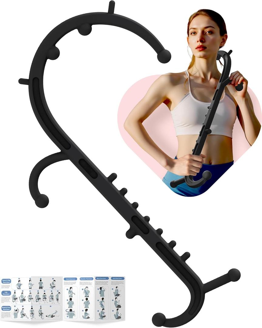Back and Neck Massager for Pain Relief Deep Tissue, Upgraded Full Body Trigger Point Cane Massage Tools, Massage Stick Pressure Point Hook, Muscle Knot Remover Tool (Black)