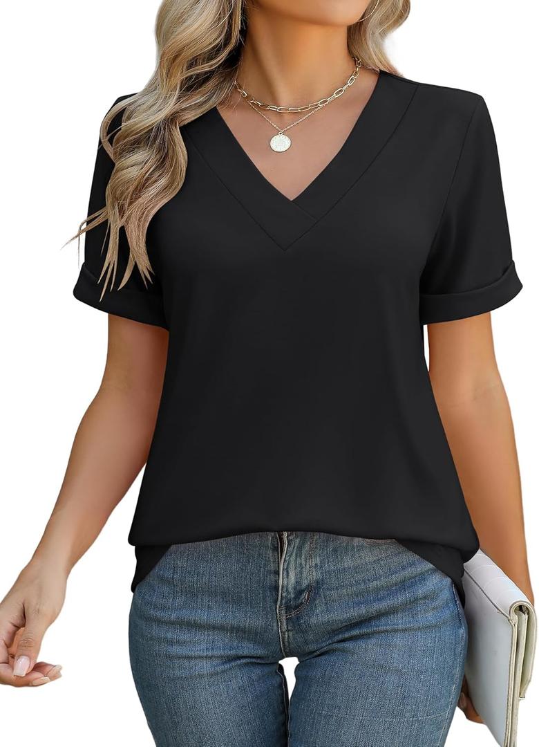 Rapbin T Shirts for Women Short Sleeve V Neck Tshirts Loose Fit Lightweight Soft Casual Summer Spring Tee Tops (X-Large, Black)