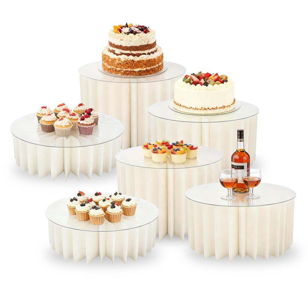 Wdpqyy 6 Pack Foldable Buffet Risers, Cardboard Cylinder Stands Food Display Risers with Acrylic Plates, Cake Cupcake Stands for Buffet Table, Dessert Table, Party Wedding Birthday Decor (White)