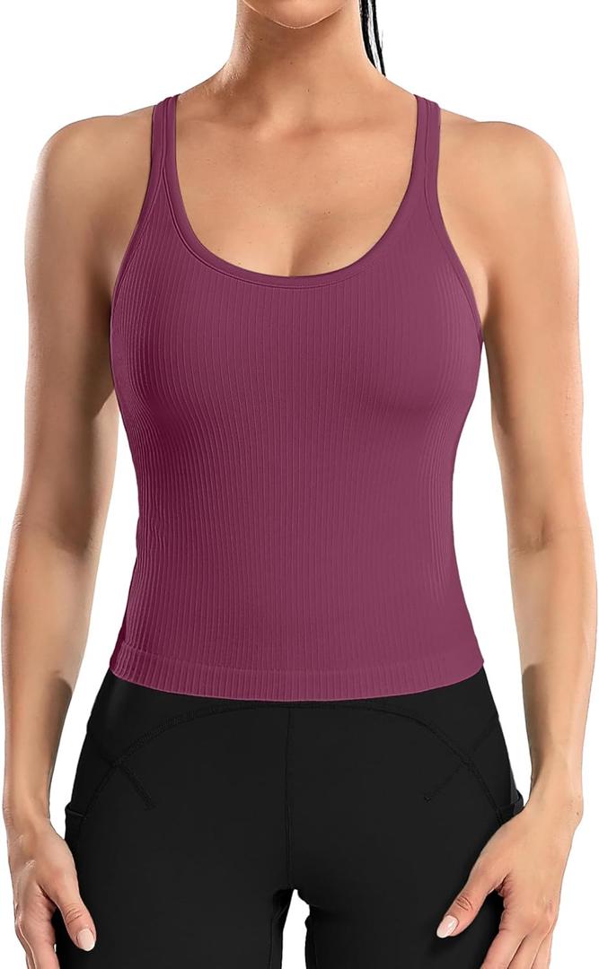 ATTRACO Women Ribbed Workout Crop Tops with Built in Bra Yoga Racerback Tank Top Tight Fit (8, Burgundy)
