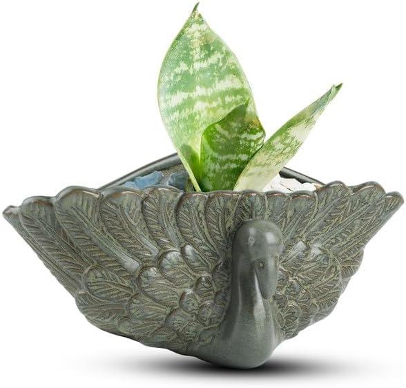 Retro Succulent Planter Ceramic Flower Pot for Indoor Outdoor, Cactus Planter Pot with Drainage Hole for Home & Office Decor, Green (4.7*9.1*4.7 in)