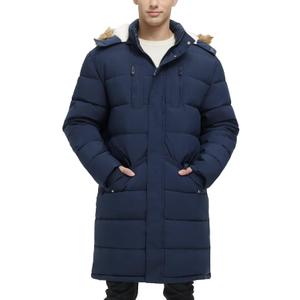 Men's Extra Long Fleece Puffer Jacket Outerwear Winter Coats Hooded Parka Warm Water-resistant Cold Weather (Large, Navy)