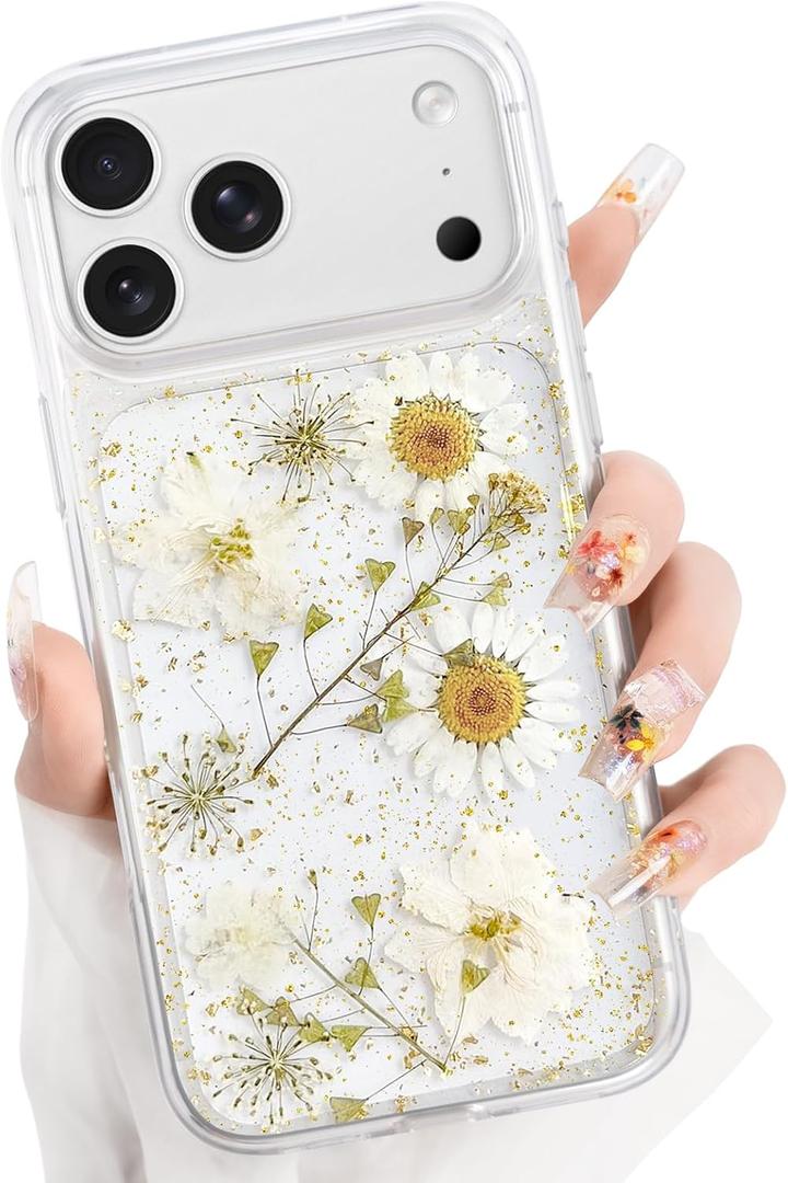for iPhone 17 Pro Max Clear Case Boasting Pressed Natural Flowers Pattern, Cute Glitter White Floral Pattern Slim Soft TPU Protective Women Girl's Phone Cover 6.9Inch, Gold Foil White Phoenix Tail
