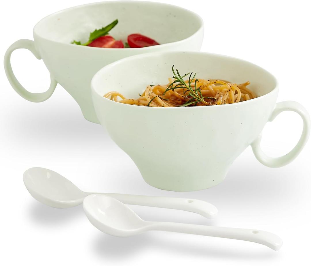 Soup bowls with Handle and Spoons, 17oz Handmade Cereal Bowls Set of 2, Soup Mug with Handle for Ice Cream Snack Oatmeal and Salad, Gift for Housewarming, Microwave Dishwasher Safe - Mint Green