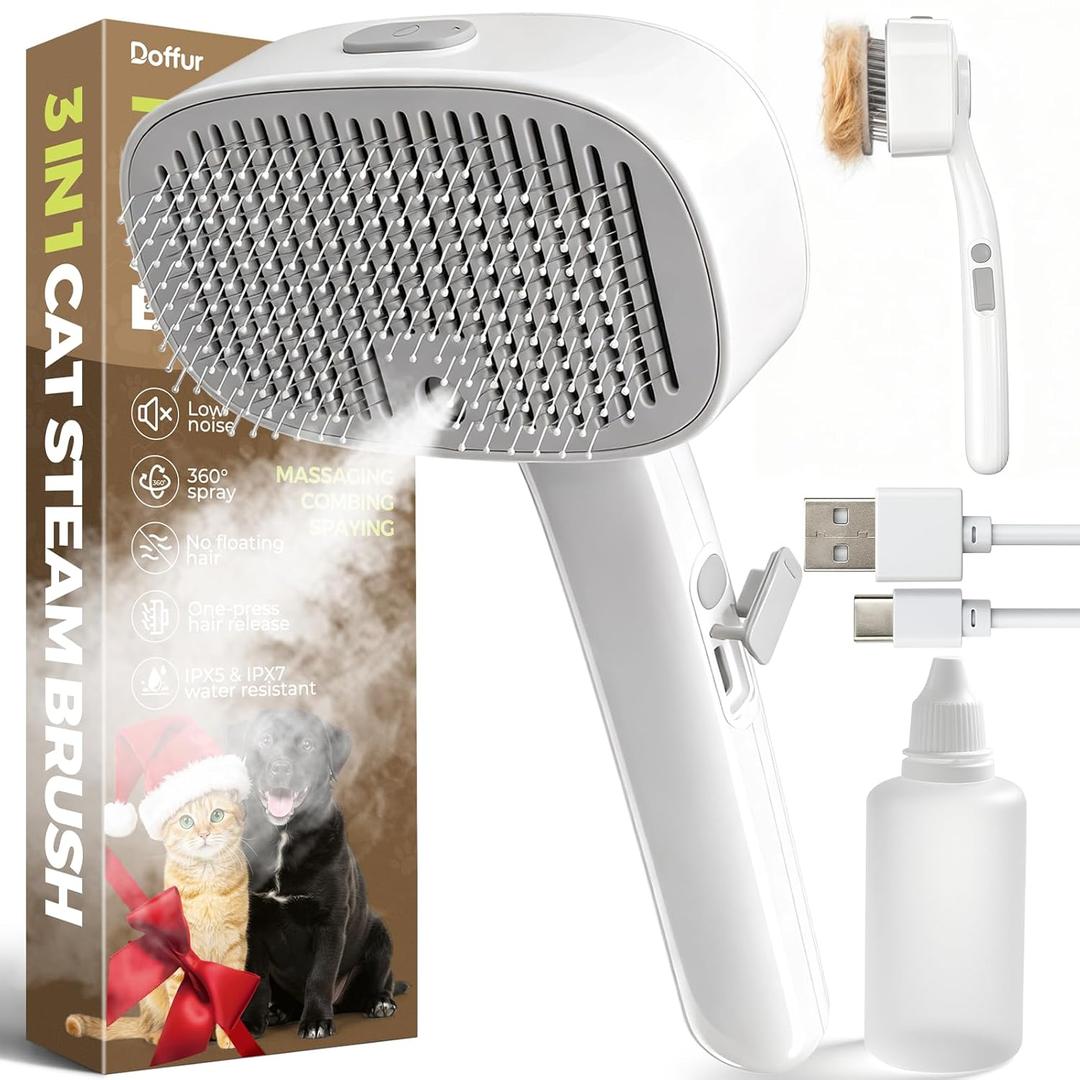 Cat Steam Brush for Dogs and Cats - Dog Steam Grooming Rechargeable Brush for Shedding Control - Self Cleaning Spay Comb with Mist and 2 Mins Timer for Long & Short Haired Pets (Milky White)