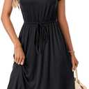 LYANER Women's Ruched Crew Neck Petal Sleeve A Line Drawstring Vacation Knee Length Dress (Black, XL)