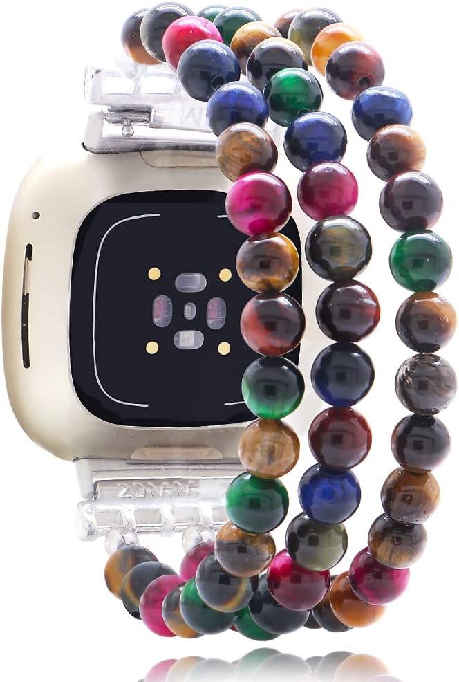 C&L Accessories Bands Compatible with Fitbit Versa 3/4 & Sense 2 Bands - Beaded Design for Women & Men (Dark Rainbow Tiger Eye)