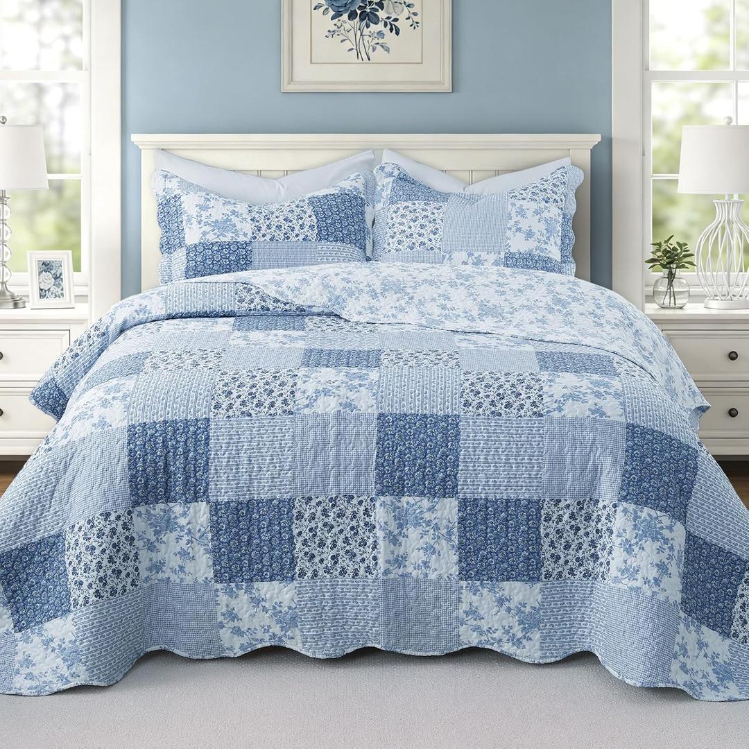 GOONE King Quilt Set 104"x90", Blue Floral Boho Bedspread Farmhouse Quilting Bedding Set, Lightweight Washed Coverlet, Reversible Spring & Summer Quilt Set, Quilt King Size with 2 Pillow Shams