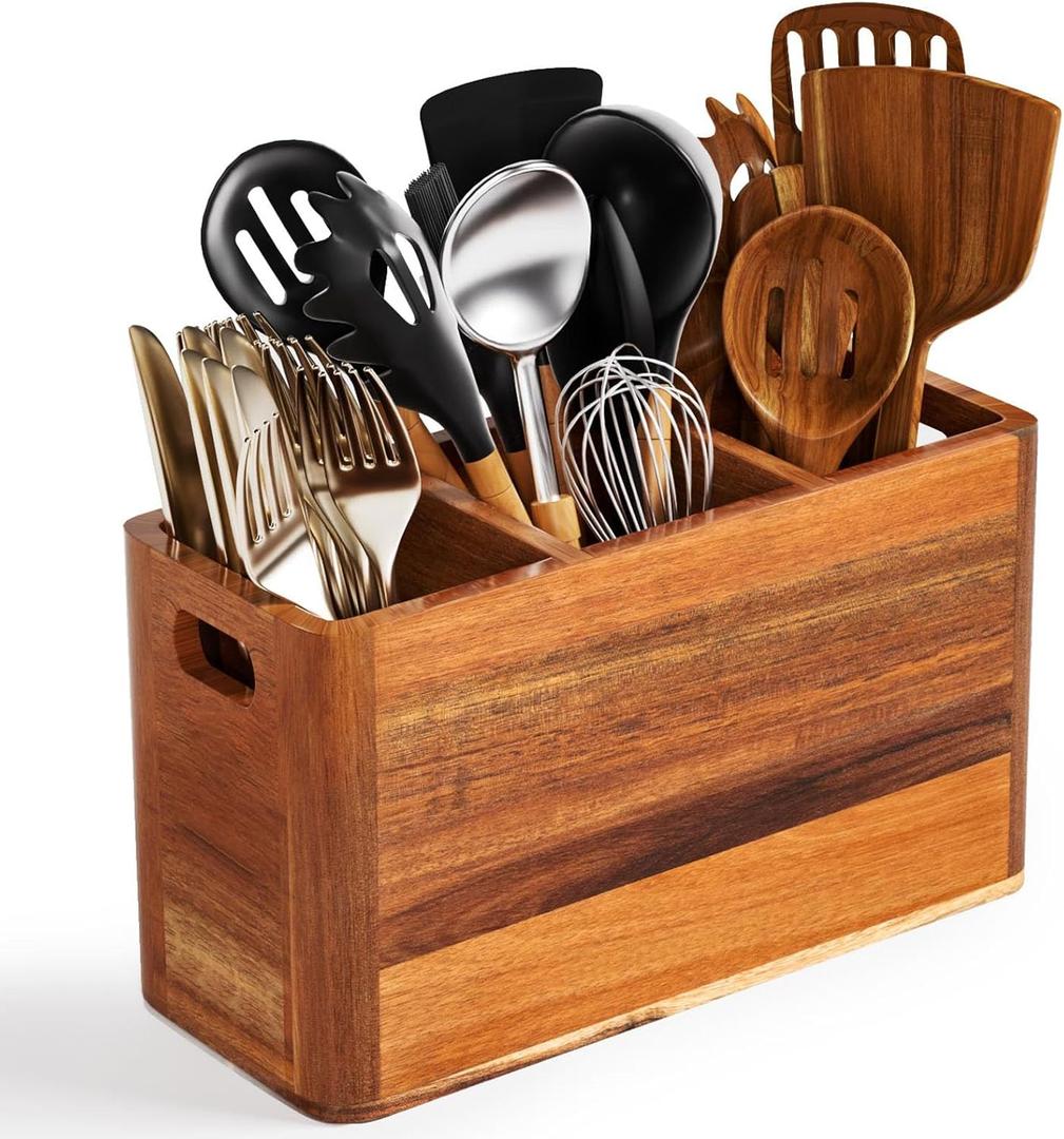Extra Large Utensil Holder for Kitchen Counter, Acacia Wooden Utensil Holder with 4 Compartment, Kitchen Counter Organizer for Storage Spatula and Silverware, Ideal Christmas Gift for Farmhouse Decor