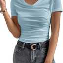 SOLY HUX Women's Cowl Neck Ruched Short Sleeve T Shirt Summer Solid Tee Tops (Blue, L)
