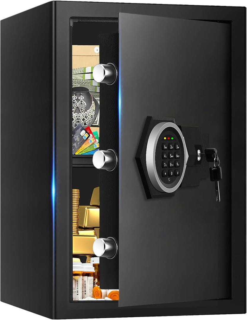 3.3 Cuft Large Home Safes Water and Fireproof, Fire proof Safes for Home Use, Anti-Theft Security Safe Box With Digital Keypad & Removable Shelf and Led Light, Money Safes for Documents Valuables (3.3 Cubic Feet)