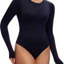 NANJI Long Sleeve Bodysuit for Women - Slim Fit Crew Neck Thong Body Suit, Stretch Double Lined Snap Tops, Casual Going Out (Black, XL)