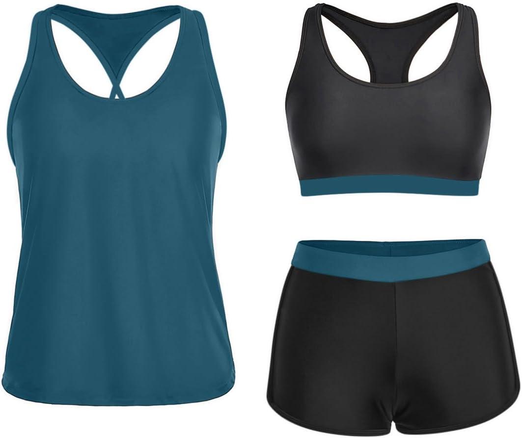 Yonique 3 Piece Athletic Tankini Swimsuits for Women with Shorts Swim Tank Tops with Sports Bra and Boyshorts Bathing Suits (Large, Black and Blue 01)