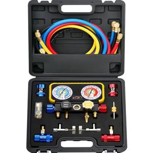 R1234YF R134A AC Gauge Set 4 Valve Manifold HVAC Gauges with Hoses Compatible with R1234YF R404a R134a System Air Conditioner Recharge Kit