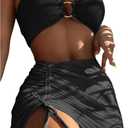 MakeMeChic Women's 3 Piece Bathing Suits Halter Ring Bikini Set with Cover Up Skirt Light Black M