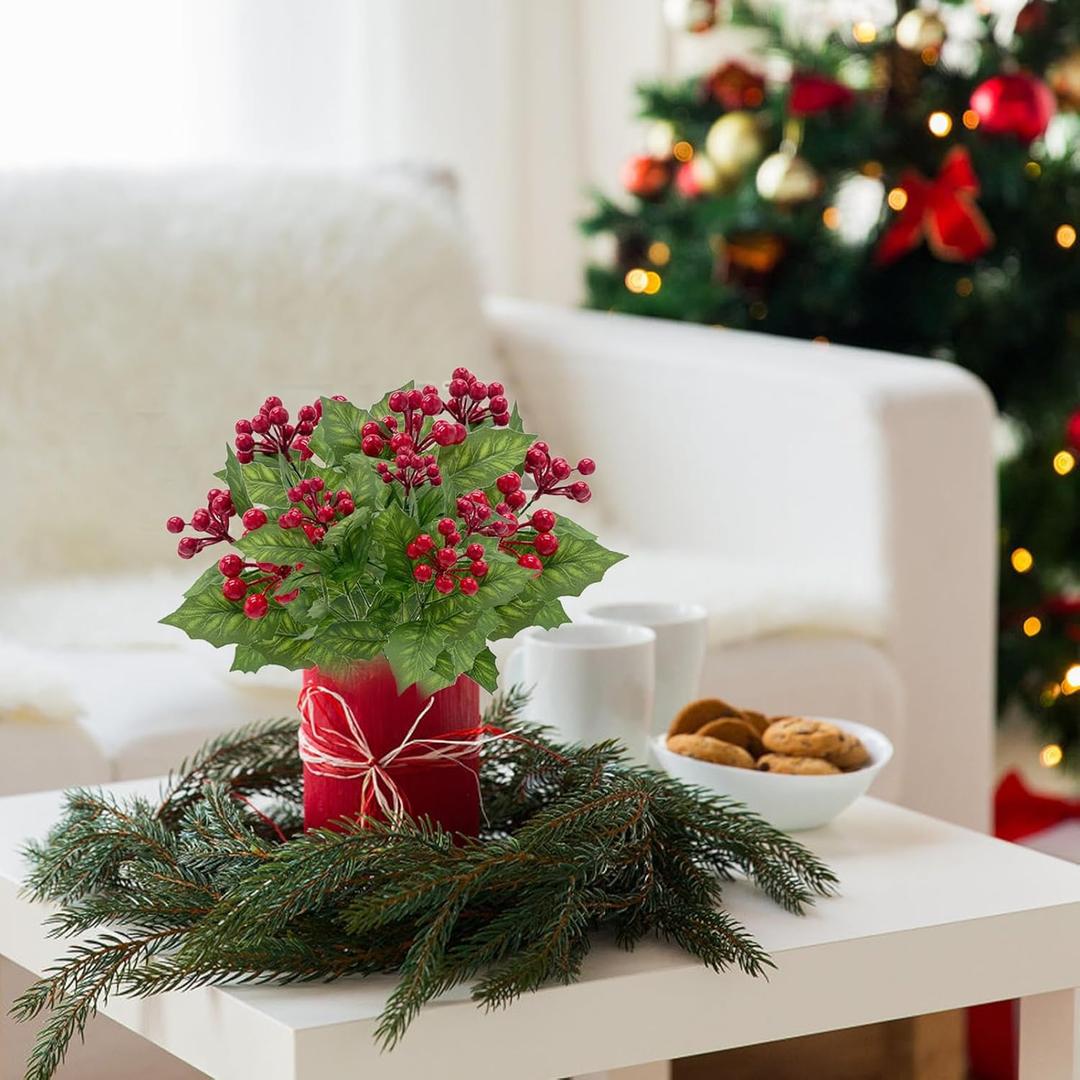 Thiccywoov 36 Inch Large Red Holly Branches 3 Pcs Christmas Burgundy Berry Stems Faux Artificial Holly Stems Cranberry Picks for Christmas Tree Decoration DIY Winter Home Vase Filler