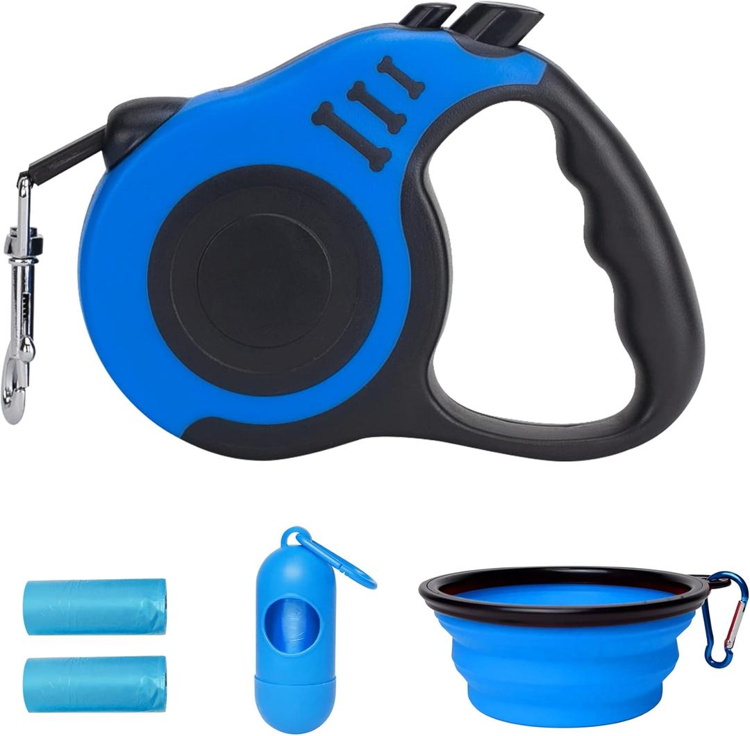 Retractable Dog Leash Automatic Telescopic Tractor Dog Tape, Pet Tape 10/16 FT Durable and Convenient, with Folding Bowl, Dispenser, Rubbish Bags, Suitable for Small and Medium Dogs (Blue Set, S)