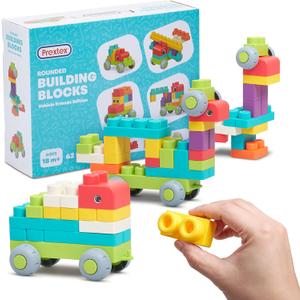 PREXTEX Soft Building Blocks for Toddlers 18 Months and up- 62-Piece Rounded Multicolored Bricks - Educational Toy - Vehicle Friends Edition for Interactive Family Fun and Creative Play