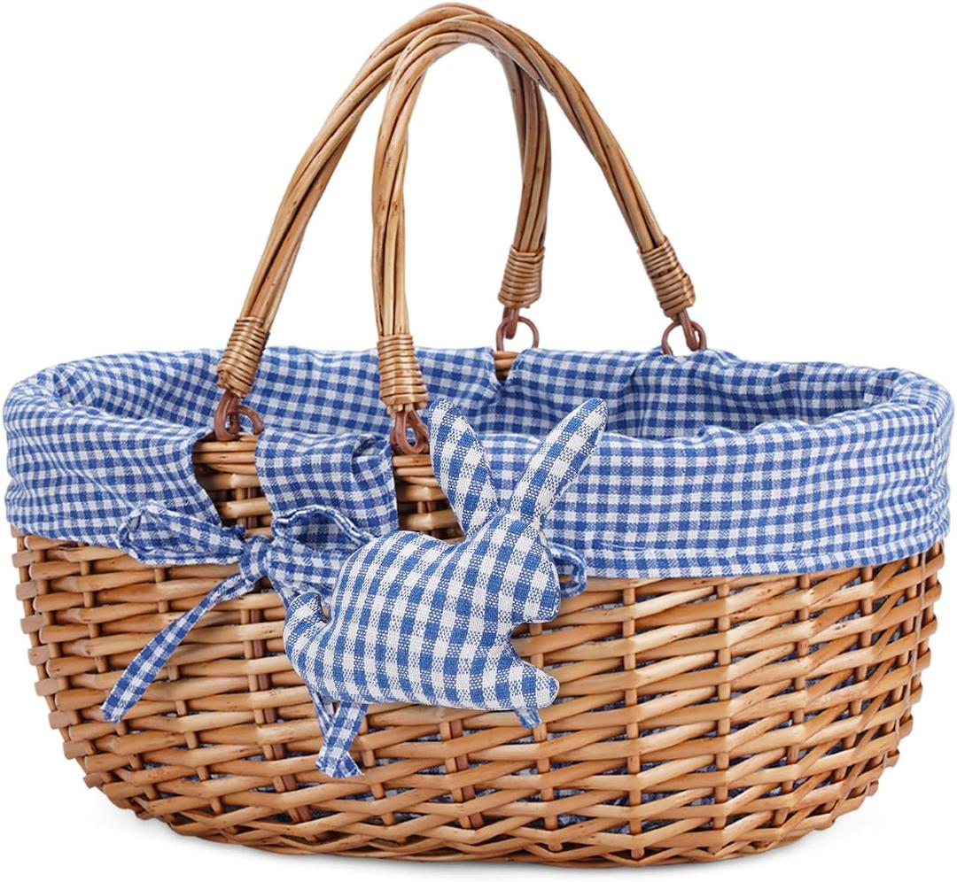 G GOOD GAIN Wicker Picnic Basket with Double Folding Handles,Willow Picnic Hamper,Natural Hand Woven Easter Basket,Easter Eggs and Candy Basket,Bath Storage,Gift Packing Basket, Blue