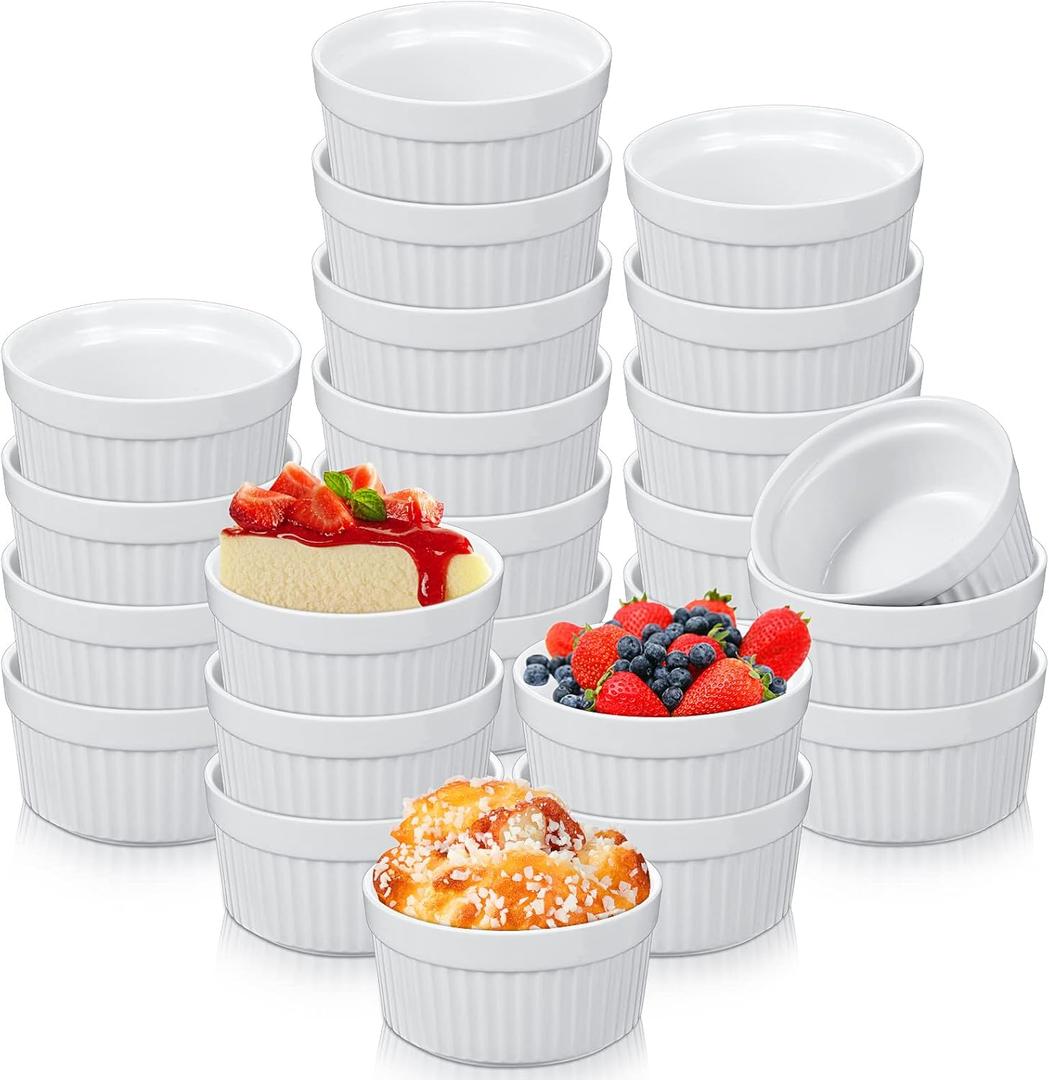Xinnun 24 Pcs Ramekins Creme Brulee Dishes Oven Safe Classic Porcelain Ramekins Set for Baking, Creme Brulee, Souffle, Appetizer, Custard, Pudding, Dipping Bowl, White (4 Oz)