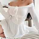 SOLY HUX Women's Off The Shoulder Babydoll Nightgown Tie Front Long Sleeve Knit Night Dress Sleepwear (L)