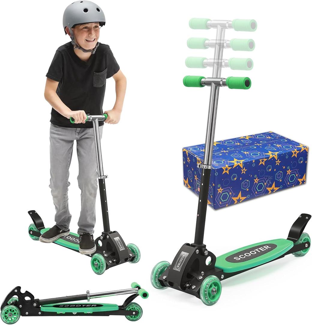 Scooters for Kids 3-7, Heavy Duty 3 Wheel Toddler Scooter 120 lb Capacity, Foldable Kick Scooter with 4 Level Adjustable Handlebar, Wide Deck, Safe Metal Rear Brake, Lean to Steer, Boy Girl Child Gift (Green)
