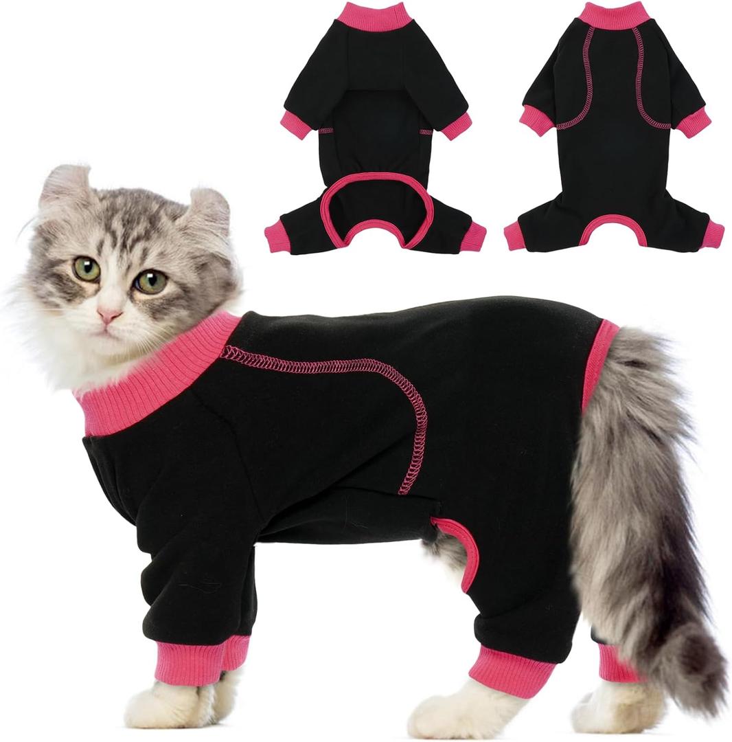 QBLEEV Sticky Hair Cat Clothes, Soft Cat Pajamas for Cats Only, Prevent Lost Fur Kitten Sweater Onesie, Stretchy Recovery Suit for Female Male Cats After Surgery Daily Wear, Black, XXL