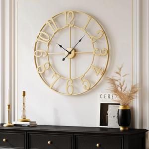 Cuspin 20 Inch Wall Clock Gold, Large Decorative Wall Clocks Battery-Operated, Modern Metal Round Clock Silent Non Ticking Arabic Numerals for Living Room Kitchen Mantel Office Decor