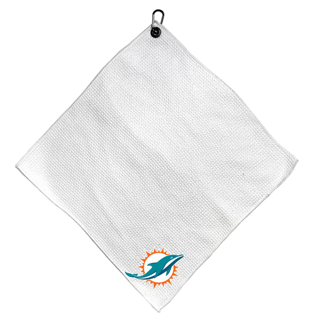 Team Golf NFL Miami Dolphins Microfiber Towel - 15" X 15" (White) with Carabiner Clip, Premium Microfiber with Deep Waffle Pockets - Superior Water Absorption & Quick Dry Golf Cleaning Towel
