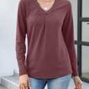 Womens Long Sleeve T Shirts V Neck Ruched Tops Loose Fit Pleated Tee Dressy Casual Tunic Blouses Fall Clothes (S)