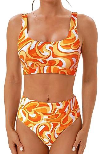 MIKETAI High Waisted Two Piece Swimsuits for Women Tummy Control Tankini Bathing Suits Sporty Printed Swimwear (Orange, M)