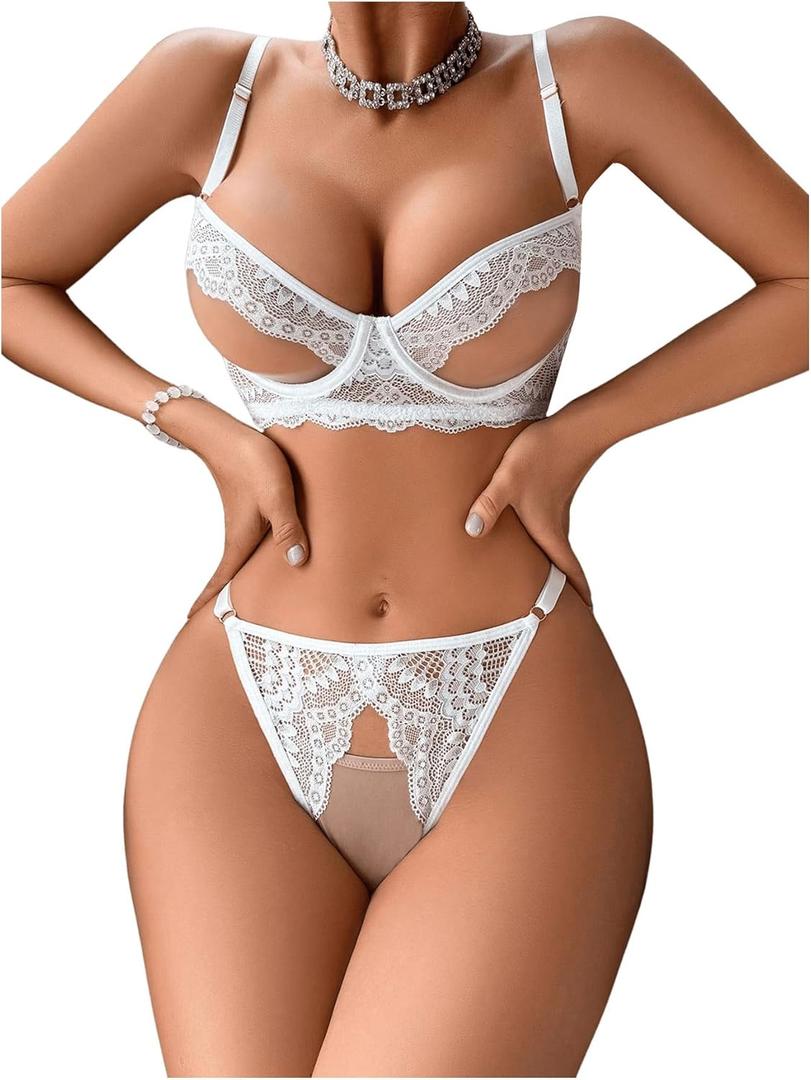 SOLY HUX Women's Lingerie Sets 2 Piece Hollow Out Bra and Panty Set Lace Underwear (Medium)