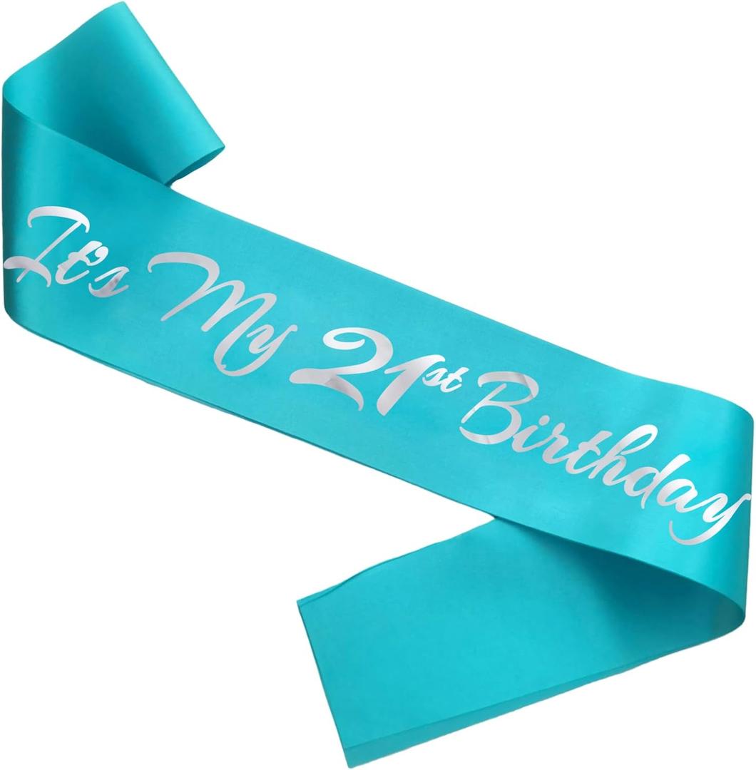 It's My 21st Birthday Sash, Teal Blue Birthday Sash for 21st Bday Party Supplies, Gifts for Girls Bday Party Favors