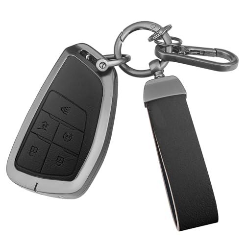 FT FUNTOR for Chevrolet Tahoe Metal Key Fob Cover,PU Leather,Zinc Alloy Key Case Protector,for GMC Yukon Denali Sierra 2021-2025,for Chevy Silverado Suburban Tahoe 2022-2024 (Black, 5 Button)