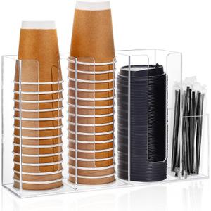 4 Compartments Acrylic Coffee Cup and Lid Storage Organizer Holder Disposable Paper Cup Dispenser Organizer Plastic Lid Holder Accessories for Kitchen Bar Shop Party Supplies(Transparent)