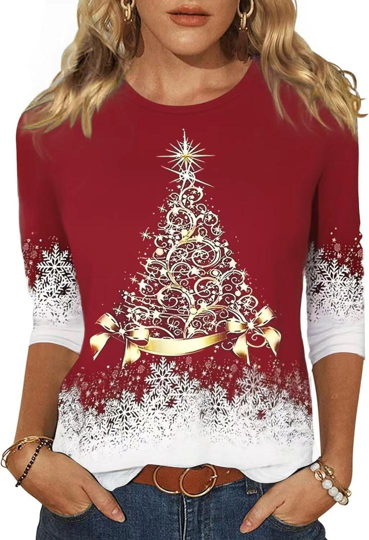 Women's Holiday 3/4 Sleeve T-Shirts Halloween Thanksgiving Tees Christmas Valentine's Day St Patrick's Day Tops (X-Large, 1028-red)