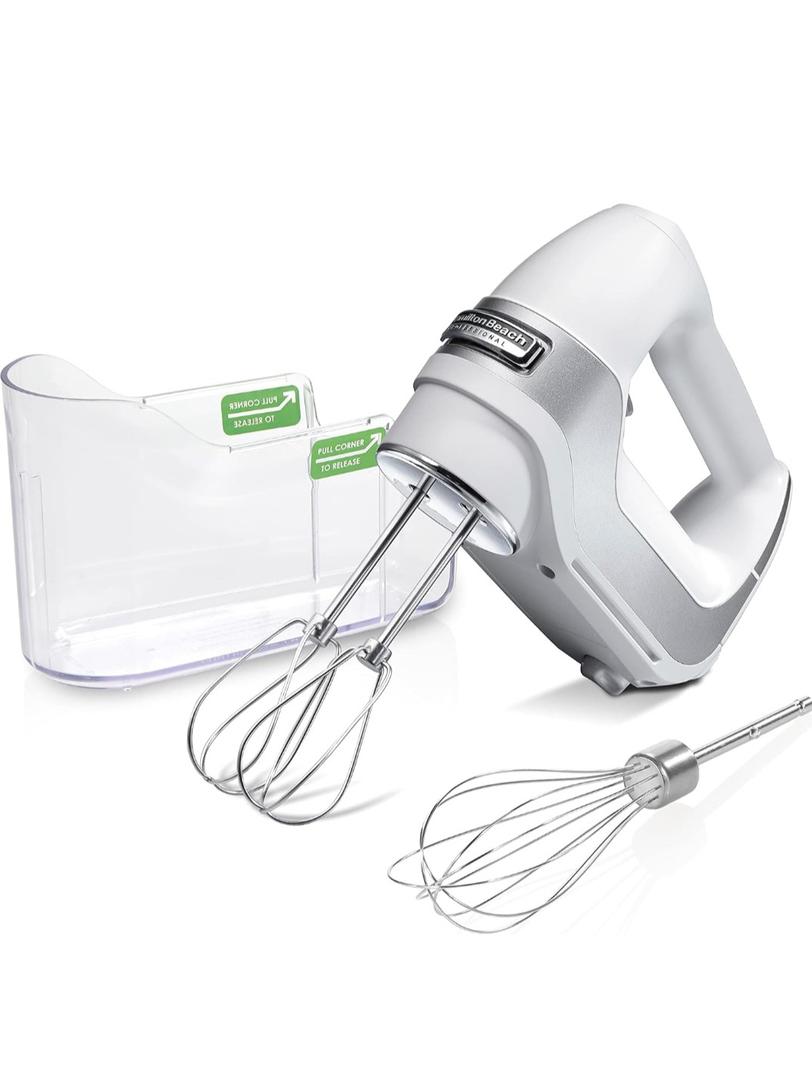 Hamilton Beach Professional 5-Speed Electric Hand Mixer High-Performance DC Motor | Slow Start | Snap-On Storage Case | Stainless Steel Beaters & Whisk | White| 62652
