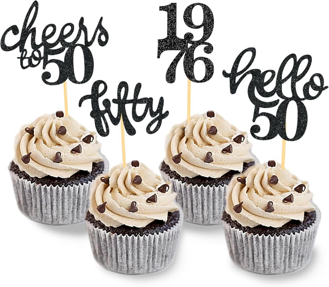 24 Pcs Glitter 50th Birthday Cupcake Toppers for Celebrating 50th Birthday Party Decorations for Fifty Years Old Birthday Party Supplies (Black)