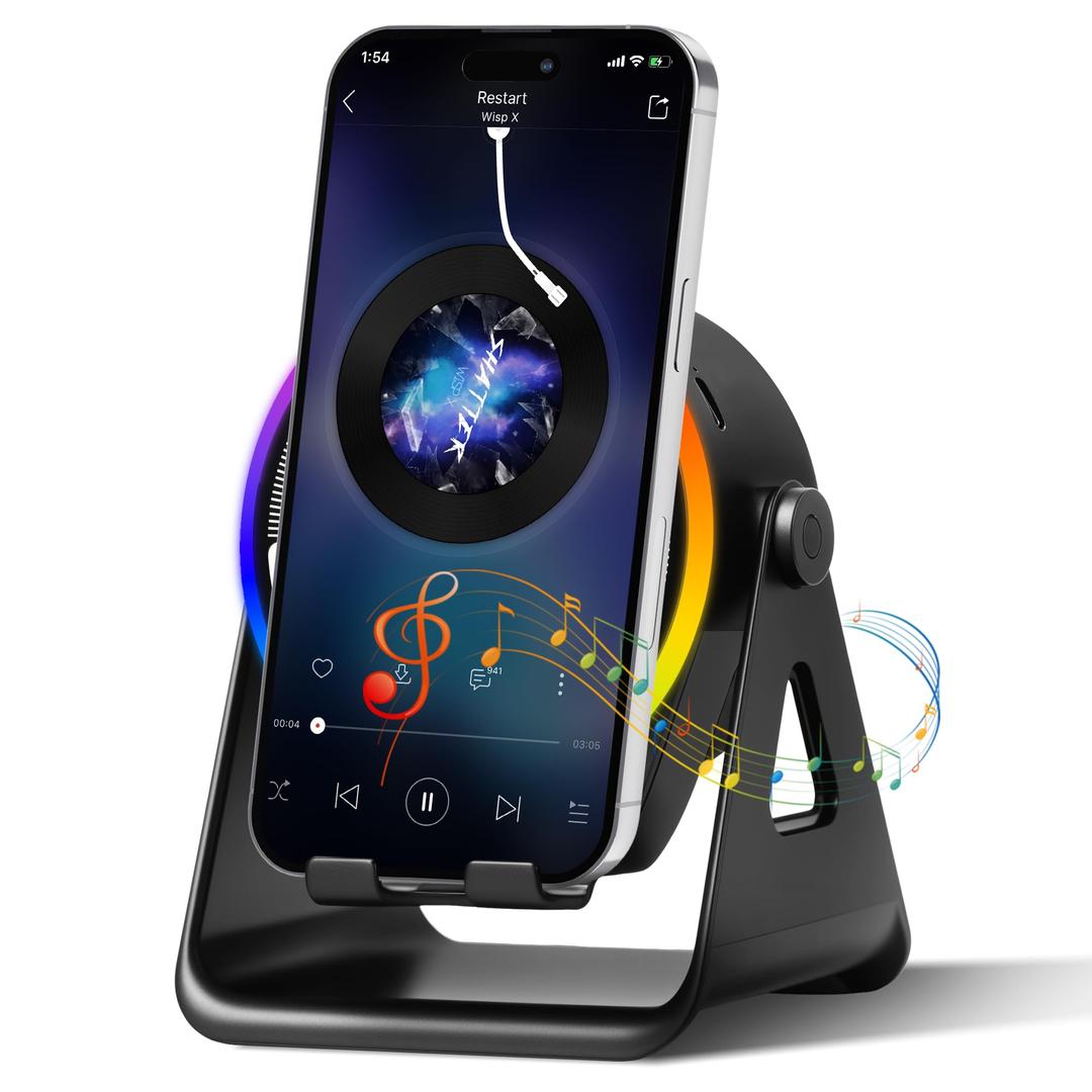 Wireless Induction Bluetooth Speaker, 4-in-1 with 360° Rotating Phone Holder and RGB Ambient Light, High-Definition Surround Sound (Black)
