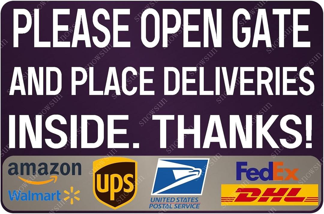 snowsun Delivery Metal Signs Please Open Gate And Place Deliveries Inside Tin Sign for Packages Delivery Box Outdoor Use 812 Inches